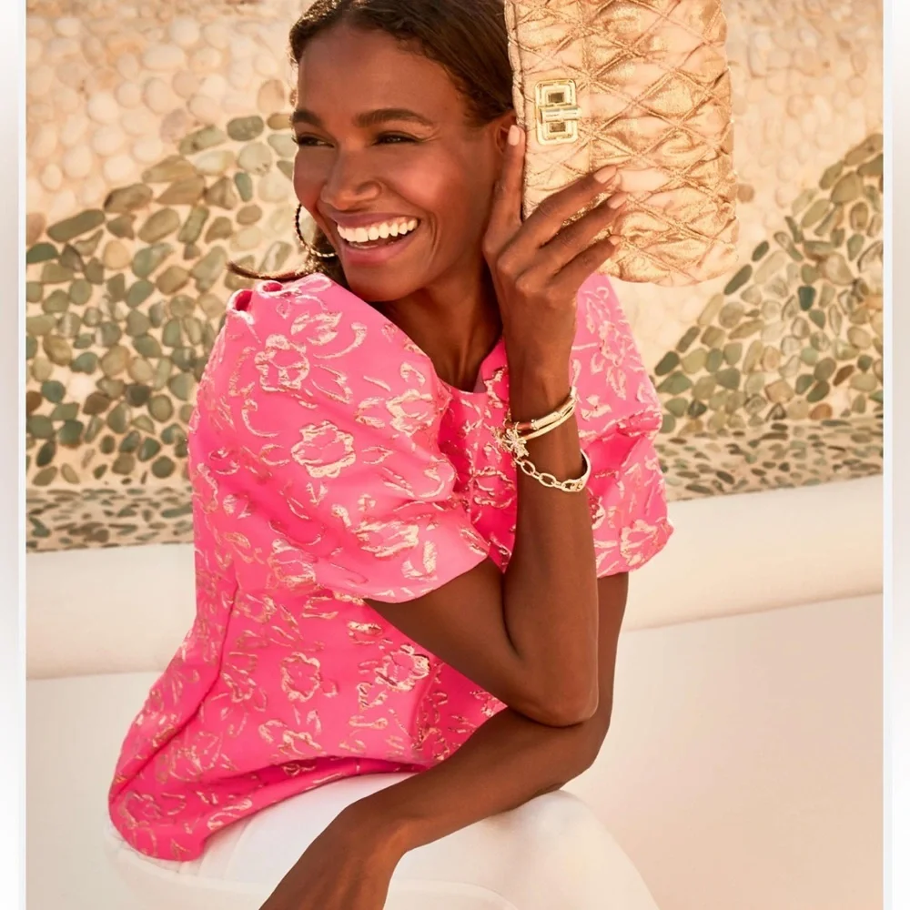 NWT Lilly Pulitzer Pratt Puff sleeve pink gold brocade top Sz XS SM - Picture 3 of 13